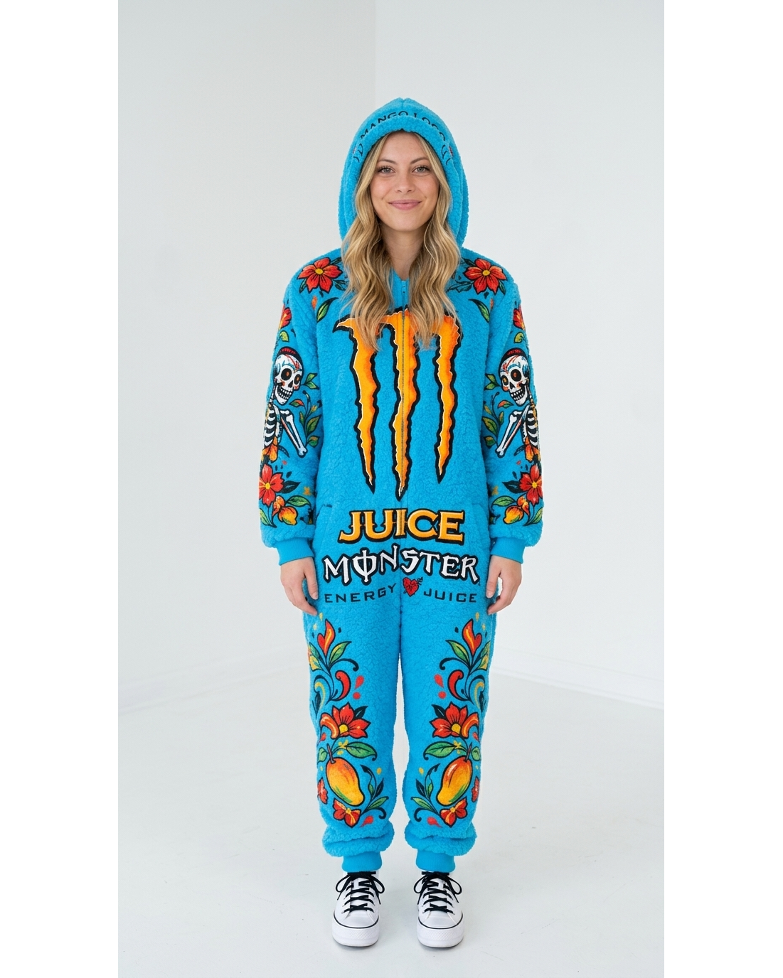 Cyan Rush sherpa onesie worn full length