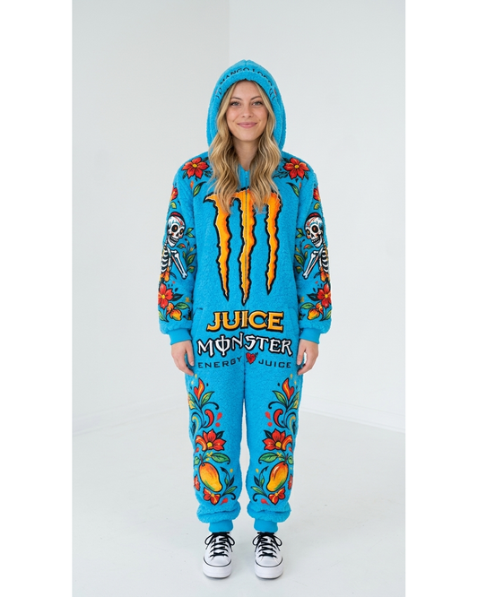 Cyan Rush sherpa onesie worn full length