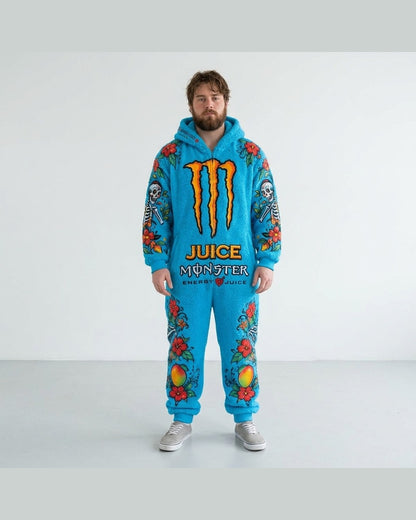 Cyan Rush sherpa onesie on a male model, full length