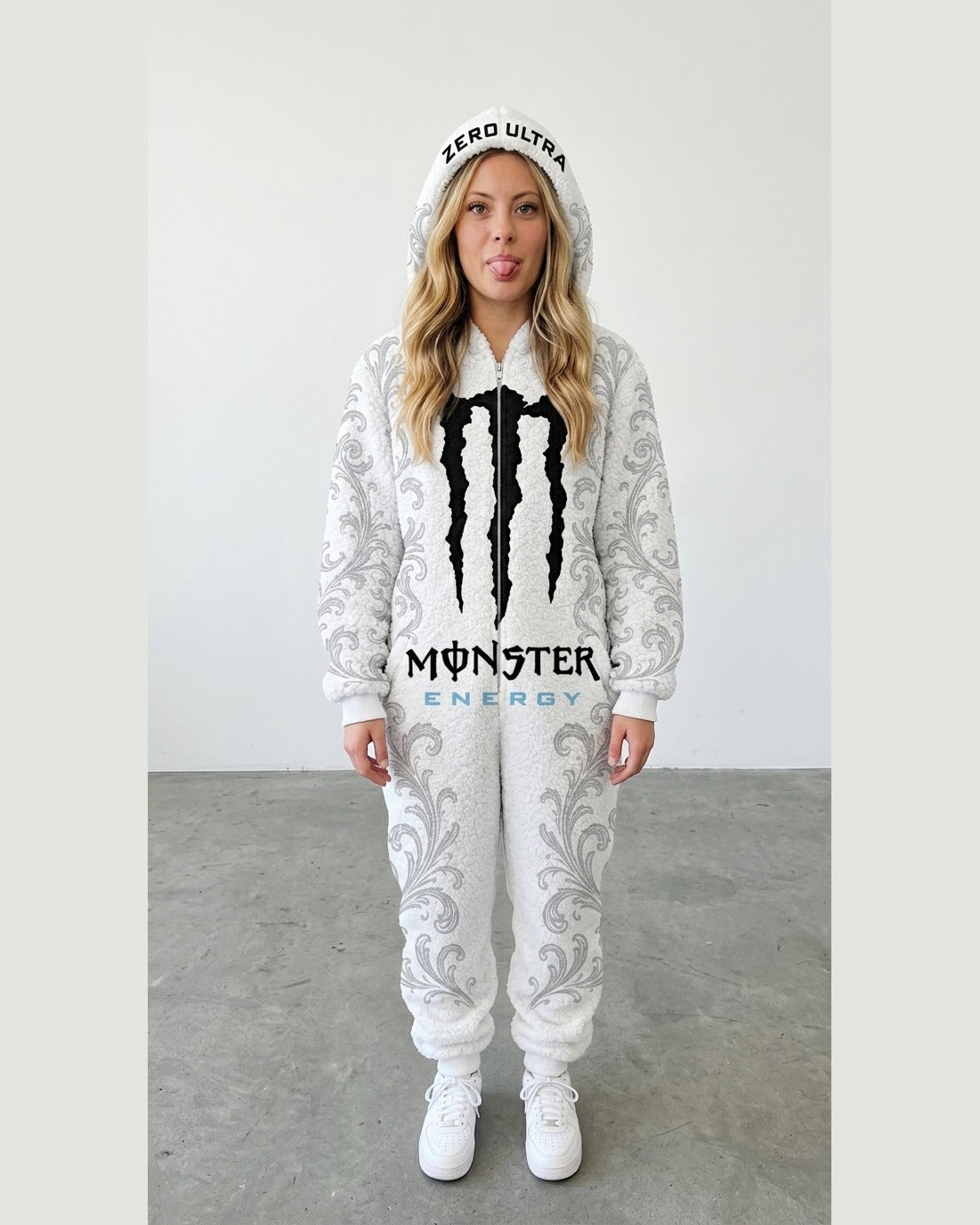 Arctic White sherpa onesie worn full length