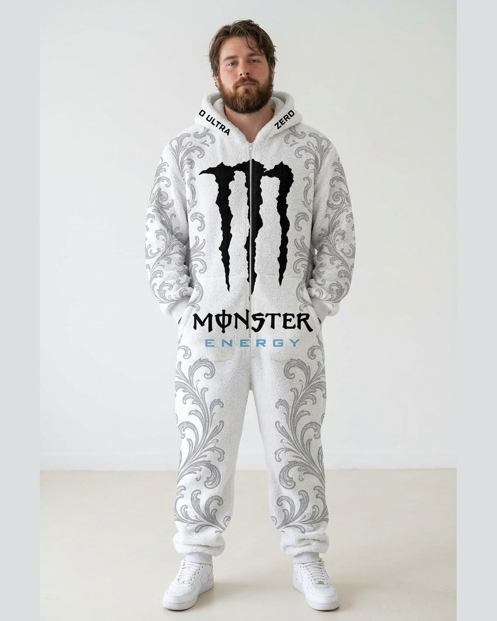 Arctic White sherpa onesie on a male model, full length