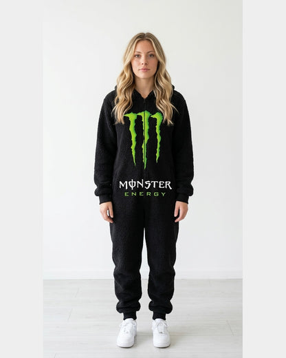Blackout sherpa onesie worn full length