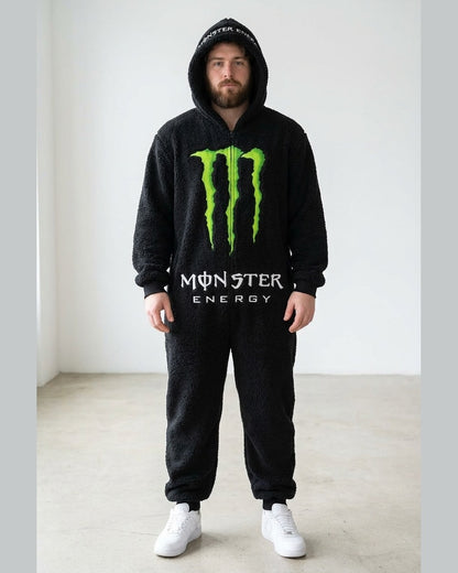 Blackout sherpa onesie on a male model, full length